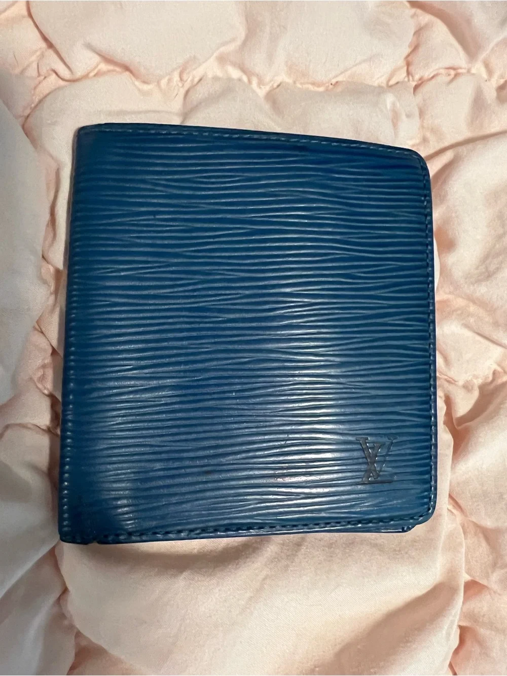 Authentic Louis Vuitton Blue Epi Leather Alma Satchel with Matching Card Holder